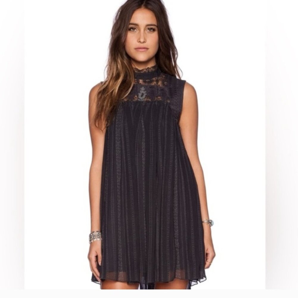 Free People Penny Georgette Dark Gray Lace Mini Dress Flaw
